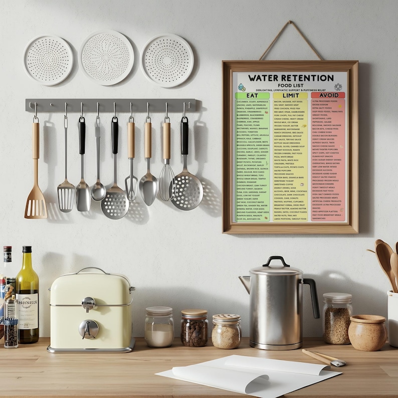 Op de afbeelding: Een keukenwand met een ingelijste voedingslijst voor vochtretentie, een grijs rek met diverse metalen keukengerei, drie witte decoratieve wandborden, een cr&egrave;mekleurige broodtrommel, een metalen koffiezetapparaat en glazen potten.