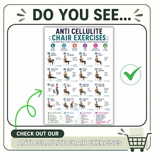 May include: A white informational poster titled Anti Cellulite Chair Exercises featuring sixteen numbered illustrations of seated movements. The chart includes text descriptions, icons, and tips for low-impact routines to perform at home.