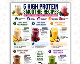 May include: A digital poster titled 5 High Protein Smoothie Recipes featuring five distinct smoothie illustrations with ingredient lists and health benefits. The layout includes sections for banana peanut, berry protein, tropical, chocolate, and spinach avocado smoothies.