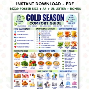 May include: A digital poster titled COLD SEASON COMFORT GUIDE featuring sections on wellness basics, a daily checklist, drink ideas, nourishing foods, soup recipes, foods to include or limit, home comfort tips, and self-care ideas with icons.