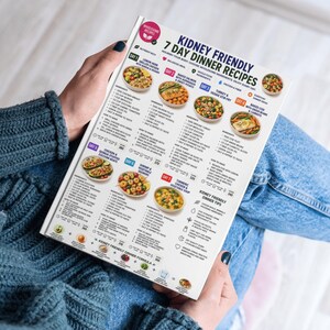 May include: A white informational guide titled Kidney Friendly 7 Day Dinner Recipes featuring seven daily meal plans with ingredient lists, cooking instructions, calorie counts, and nutritional tips. The document includes colorful food photography.