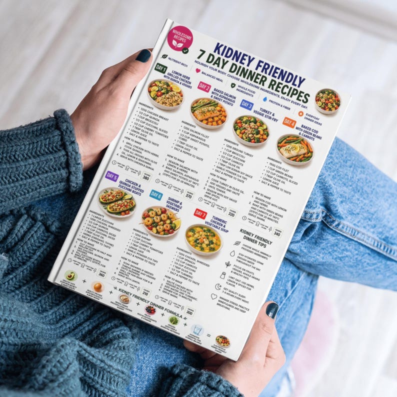 May include: A white informational guide titled Kidney Friendly 7 Day Dinner Recipes featuring seven daily meal plans with ingredient lists, cooking instructions, calorie counts, and nutritional tips. The document includes colorful food photography.