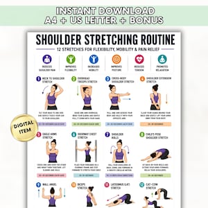 May include: A digital instructional chart titled Shoulder Stretching Routine featuring 12 illustrated exercises for flexibility and pain relief. The layout includes numbered steps, descriptive text, and icons for each movement, all set against a white background.