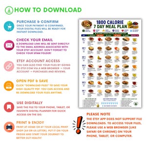 Peut inclure: Un tableau num&eacute;rique de plan de repas de 7 jours &agrave; 1800 calories avec des ic&ocirc;nes alimentaires et des conseils nutritionnels. Le graphique inclut des instructions sur la fa&ccedil;on de t&eacute;l&eacute;charger, enregistrer et imprimer le fichier PDF depuis Etsy.