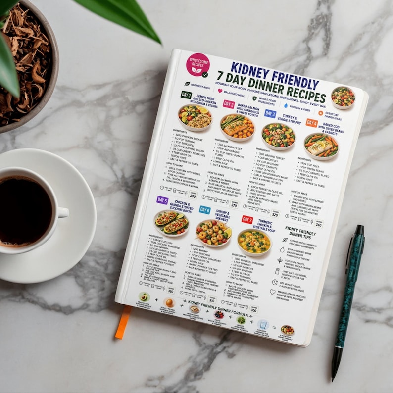 May include: A white spiral-bound book titled Kidney Friendly 7 Day Dinner Recipes, featuring a meal plan with seven daily food illustrations, ingredient lists, and preparation instructions, alongside a dark patterned pen on a marble surface.