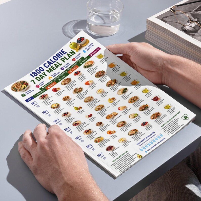 Peut inclure: Un document imprim&eacute; de plan de repas de 7 jours &agrave; 1800 calories pr&eacute;sentant une mise en page en grille avec des illustrations alimentaires quotidiennes pour le petit-d&eacute;jeuner, le d&eacute;jeuner, le d&icirc;ner et les collations, ainsi que des ic&ocirc;nes.