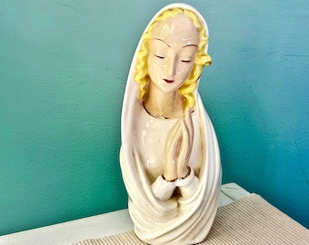 Vintage "MADONNA with PRAYING HANDS - Dated 1950 - Ceramic Madonna Bust Head Statue with Praying Hands -She is Beautiful! Free Shipping!