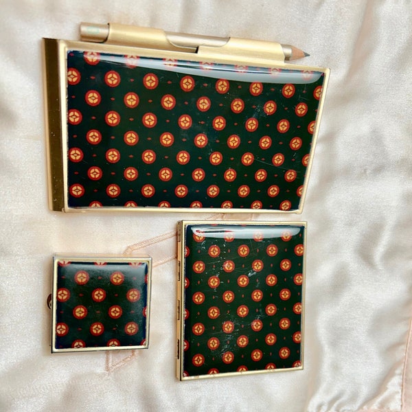 Vintage "POCKETBOOK TRAVEL SET" Matched Set -  Small PillBox, Small Photo Frame, Small Note Pad with Small Pencil - Very Rare Combo Find