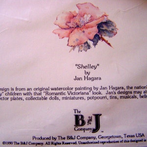 Pode incluir: Uma pintura de aquarela de uma flor rosa com folhas verdes, intitulada "Shelley" por Jan Hagara. O design &eacute; de uma pintura de aquarela original de Jan Hagara, o principal designer de artigos para crian&ccedil;as do "fim do s&eacute;culo". A pintura &eacute; produzida pela The B&J Company, Georgetown, Texas USA.