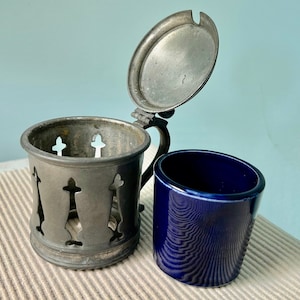 Vintage &quot;MUSTARD POT HOLDER&quot; A James Dixon & Sons Sheffield - Pewter/Silver Toned Cobalt Blue Insert Holder -Art Nouveau Attached Lid