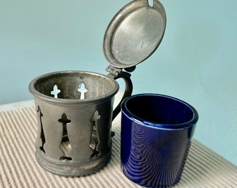 Vintage "MUSTARD POT HOLDER" A James Dixon & Sons Sheffield - Pewter/Silver Toned Cobalt Blue Insert Holder -Art Nouveau Attached Lid