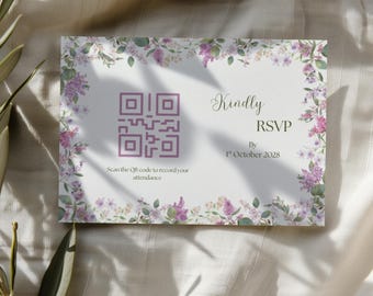 Plantilla de RSVP de flores silvestres de lavanda Tarjeta de respuesta floral Descarga digital Tarjeta de invitación elegante púrpura editable Plantilla de RSVP de boda de Canva
