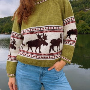 May include: A long-sleeve knit sweater in olive green featuring a cream-colored horizontal band across the chest and sleeves. The band displays a repeating dark brown moose pattern bordered by thin red and white geometric diamond accents.