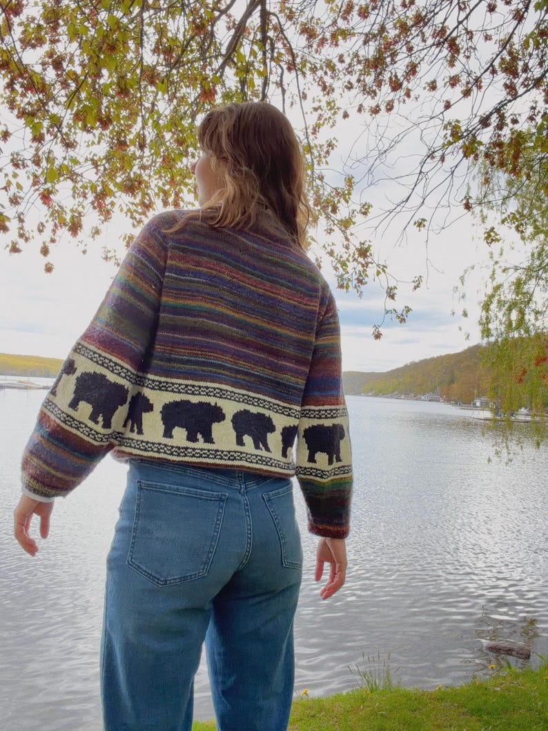 May include: A long-sleeved knit sweater featuring a horizontal multi-colored striped pattern in shades of purple, green, and brown, with a cream-colored band around the midsection displaying a repeating black bear silhouette motif, paired with blue jeans.