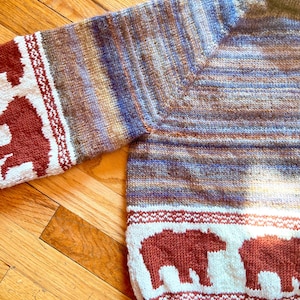 May include: A long-sleeve knit sweater featuring a variegated color pattern of blue, brown, and tan. The hem and cuffs display a white band with a repeating rust-colored bear motif and decorative red and white geometric border detailing.