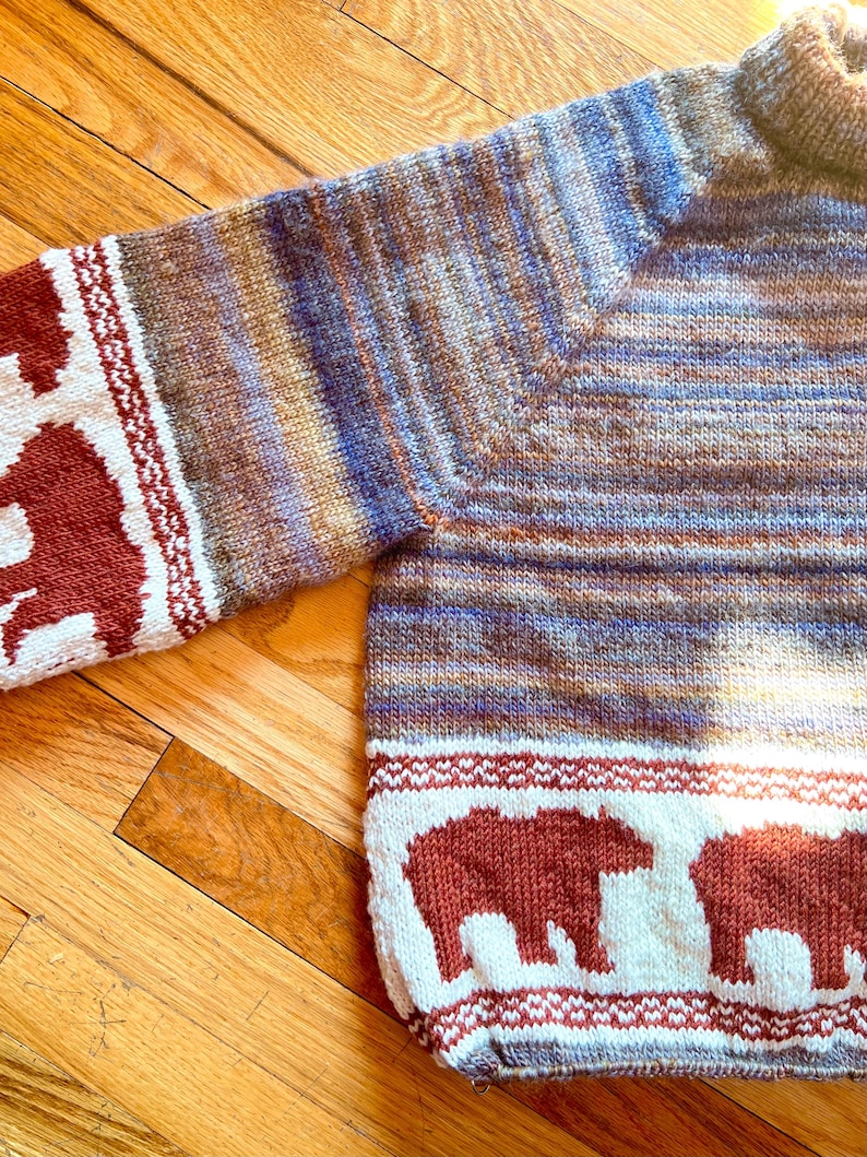 May include: A long-sleeve knit sweater featuring a variegated color pattern of blue, brown, and tan. The hem and cuffs display a white band with a repeating rust-colored bear motif and decorative red and white geometric border detailing.