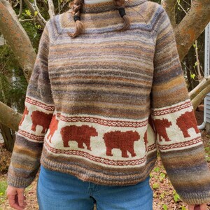 May include: A long-sleeve knit sweater featuring a horizontal striped pattern in shades of brown, tan, blue, and grey. The sweater includes a cream-colored band across the chest and sleeves decorated with a repeating pattern of rust-colored bears.