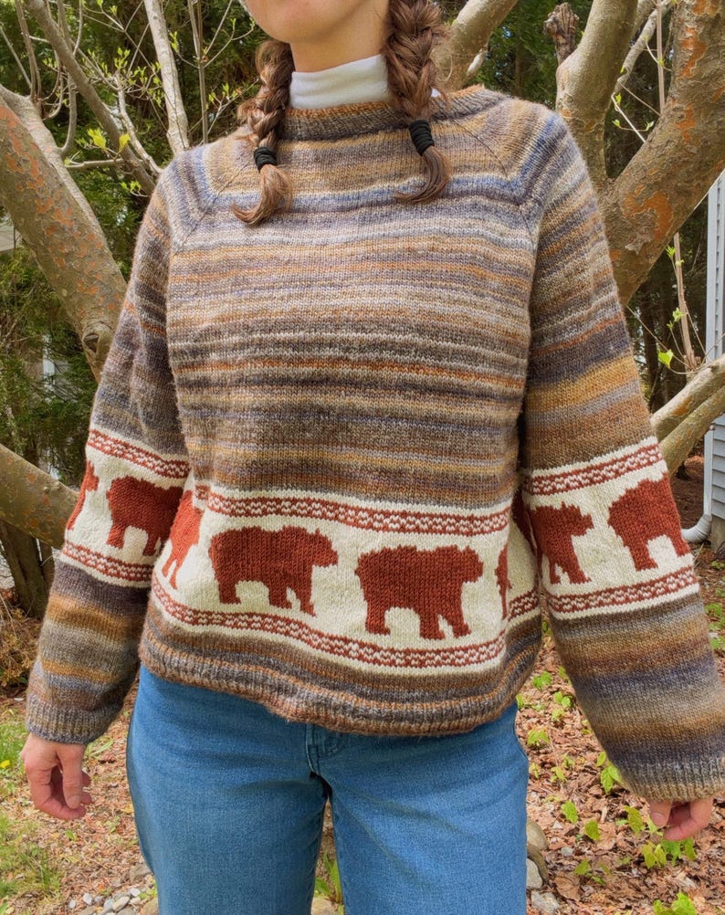 May include: A long-sleeve knit sweater featuring a horizontal striped pattern in shades of brown, tan, blue, and grey. The sweater includes a cream-colored band across the chest and sleeves decorated with a repeating pattern of rust-colored bears.