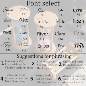 May include: Wooden hourglasses with names like "Grace," "Eden," and "Aurora" are displayed, showcasing various font styles. The image also includes phrases such as "Live every day" and "Seize the day," offering suggestions for personalization.