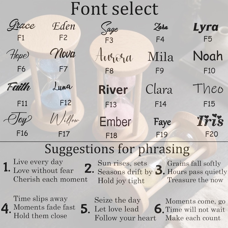 May include: Wooden hourglasses with names like "Grace," "Eden," and "Aurora" are displayed, showcasing various font styles. The image also includes phrases such as "Live every day" and "Seize the day," offering suggestions for personalization.