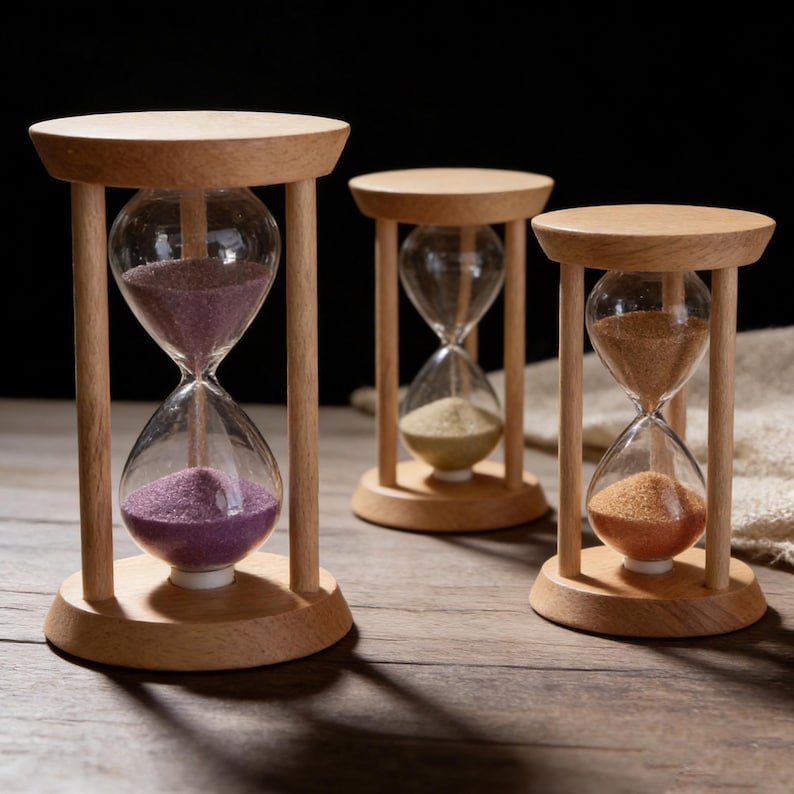 May include: Three wooden hourglasses with different colored sand: purple, yellow, and orange. The hourglasses are made of clear glass and set in a wooden frame. The wooden base and top are circular.