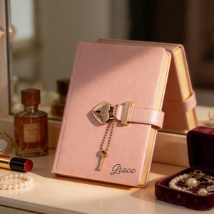 Könnte beinhalten: Ein rosa Notizbuch mit herzförmigem Schloss und einem Anhängerschlüssel. Das Notizbuch hat einen Riemenverschluss und goldfarbene Kanten. Das Wort "Grace" ist auf der Vorderseite aufgedruckt. Das Notizbuch wird auf einer weißen Oberfläche mit anderem Zubehör präsentiert.