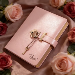May include: A pink leather journal with a heart-shaped lock and key. The journal has gold-colored edges and a strap closure. The word "Hope" is embossed on the cover. Roses in shades of pink and red surround the journal.