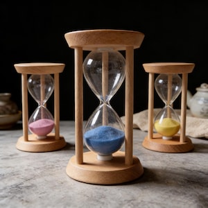 May include: Three hourglasses with wooden frames and clear glass bulbs. Each hourglass contains colored sand: pink, blue, and yellow. The hourglasses are set against a neutral background, highlighting their simple design.