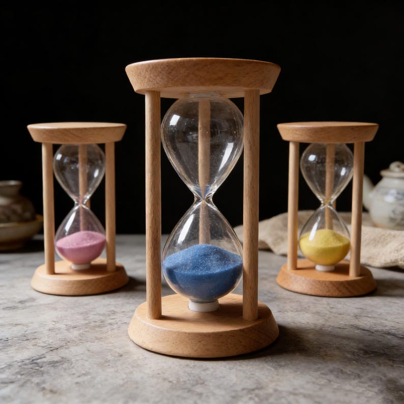 May include: Three hourglasses with wooden frames and clear glass bulbs. Each hourglass contains colored sand: pink, blue, and yellow. The hourglasses are set against a neutral background, highlighting their simple design.