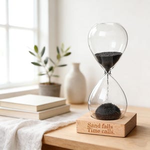 May include: Clear glass hourglass with black sand on a wooden base. The hourglass is on a light brown wooden table. The base has the text "Sand falls Time calls." A white cloth and two books are on the table. A plant and vase are in the background.