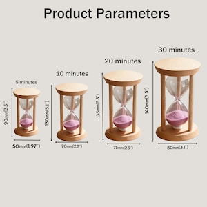 May include: Four wooden hourglasses with clear glass bulbs and pink sand. The hourglasses are labeled for 5, 10, 20, and 30 minutes, with dimensions in inches and millimeters. The text "Product Parameters" is at the top.