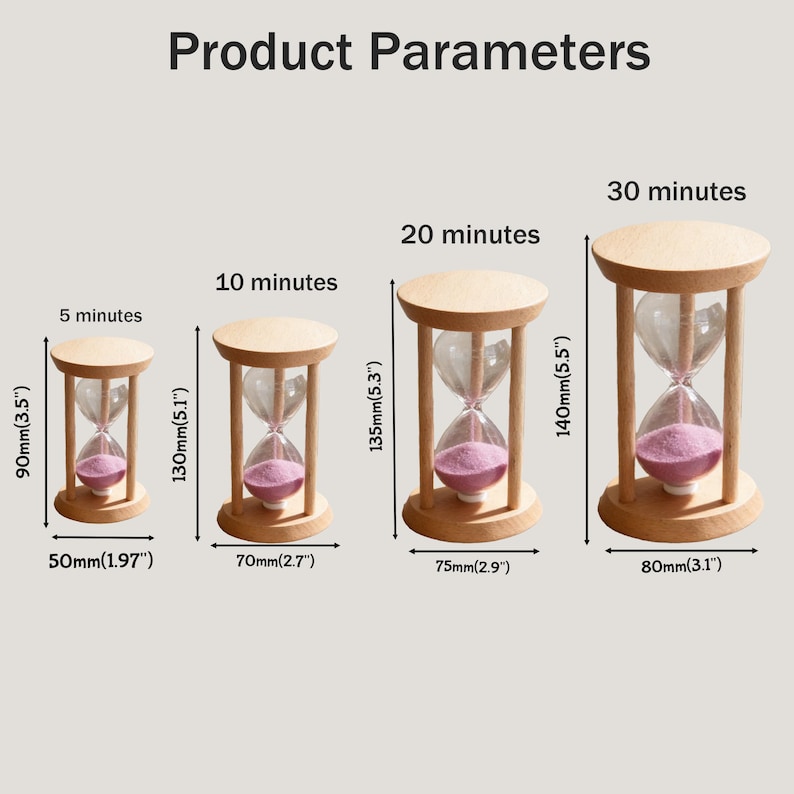 May include: Four wooden hourglasses with clear glass bulbs and pink sand. The hourglasses are labeled for 5, 10, 20, and 30 minutes, with dimensions in inches and millimeters. The text "Product Parameters" is at the top.