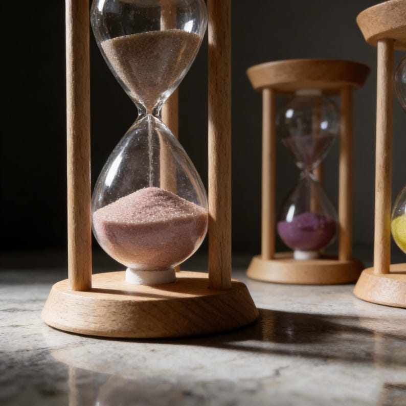 May include: Hourglasses with wooden frames and clear glass bulbs. One hourglass contains pink sand, another has purple sand, and a third has yellow sand. The hourglasses are set on a reflective surface.