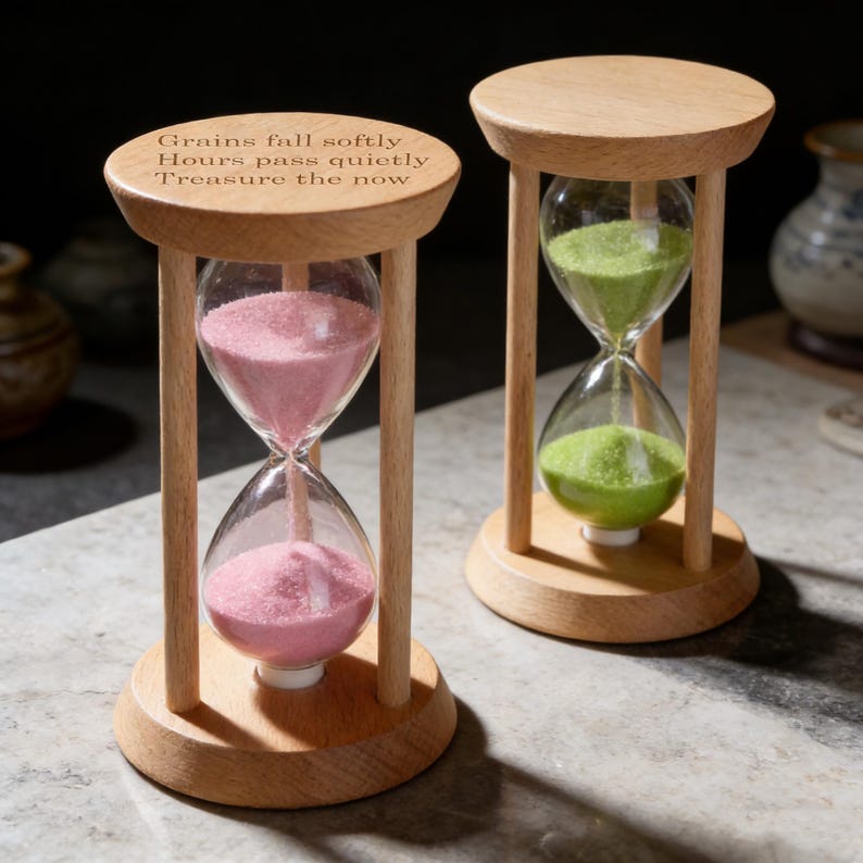 May include: Two wooden hourglasses with clear glass bulbs. One contains pink sand, the other green. The top of one hourglass has the engraved text: "Grains fall softly, Hours pass quietly, Treasure the now."