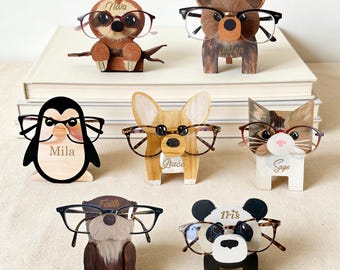 Porte-lunettes animalier personnalisé, porte-lunettes en bois gravé personnalisé pour bureau, cadeau d'anniversaire unique pour les amoureux des animaux, lunettes pour animaux de compagnie