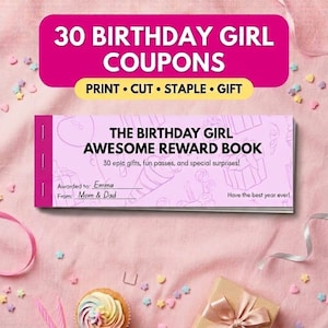 Könnte beinhalten: Ein rechteckiges Heft mit dem Titel The Birthday Girl Awesome Reward Book und einem hellrosa Einband mit Strichzeichnungen von Geschenken und Partyartikeln. Der Einband enthält Felder für Namen und den Text 30 epic gifts, fun passes, and special surprises.