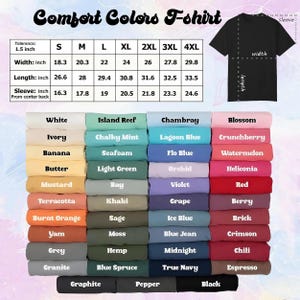 May include: A chart showing Comfort Colors t-shirt colours and size measurements. The chart includes colours such as white, black, and red, with sizes from small to 4XL. Measurements are in inches, with conversions to cm.