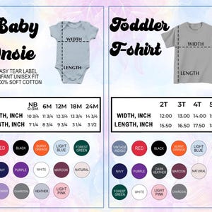 May include: Image displaying size charts for baby onesies and toddler t-shirts. The baby onesie chart provides measurements in inches for sizes NB to 24M. The toddler t-shirt chart shows measurements in inches for sizes 2T to 5/6T. Colour options are also shown.