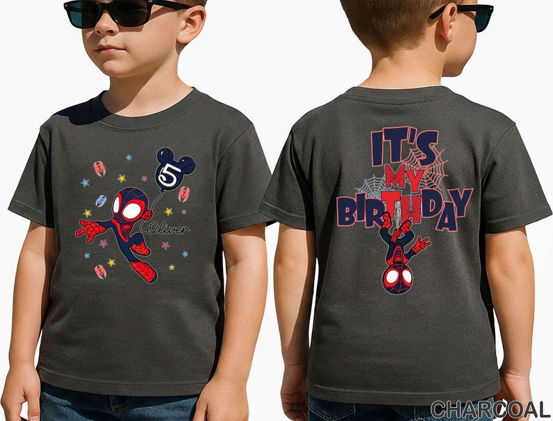 May include: Charcoal grey t-shirt with a Spider-Man graphic and a balloon with the number 5. The front of the shirt has the name "Oliver" printed below the graphic. The back of the shirt says "IT'S MY BIRTHDAY" with a Spider-Man graphic.