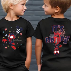 May include: Black t-shirts with a Spider-Man graphic. One shirt features Spider-Man holding a balloon with the number 5 and the name "Oliver". The other shirt says "It's My Birthday" with a Spider-Man graphic.