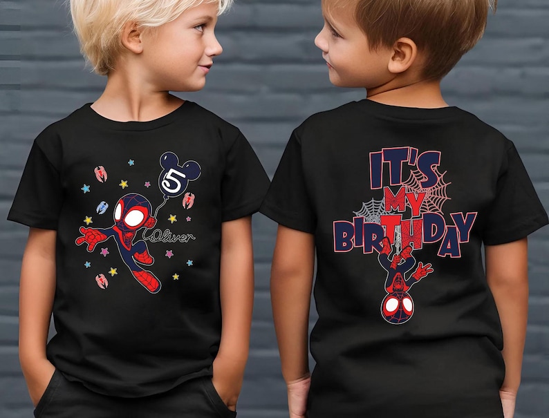 May include: Black t-shirts with a Spider-Man graphic. One shirt features Spider-Man holding a balloon with the number 5 and the name "Oliver". The other shirt says "It's My Birthday" with a Spider-Man graphic.
