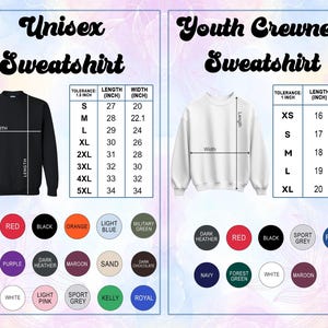 May include: Image of a black unisex sweatshirt and a white youth crewneck sweatshirt, with size charts showing measurements in inches. The image also displays a colour palette with options including red, black, and blue.
