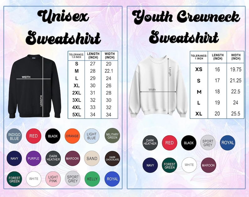 May include: Image of a black unisex sweatshirt and a white youth crewneck sweatshirt, with size charts showing measurements in inches. The image also displays a colour palette with options including red, black, and blue.