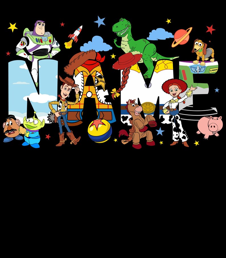 May include: A black background with the word "NAME" in large, colorful letters. The letters are decorated with characters from the Toy Story movie, including Buzz Lightyear, Woody, and Rex. Stars and other Toy Story elements are scattered around the letters.