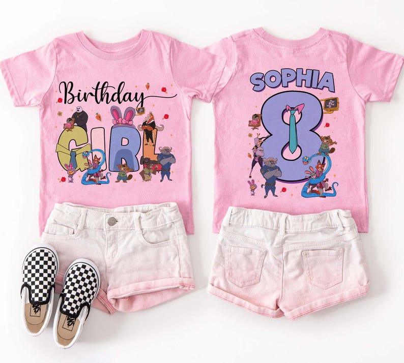 May include: Two pink t-shirts with matching shorts and shoes. One shirt says "Birthday Girl" with cartoon characters. The other shirt says "Sophia" and the number 8. The shorts are light pink, and the shoes are black and white checkered.