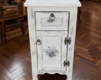 Handmade Distressed White Nightstand, Shabby Chic Pine Wood Bedside Table with Floral