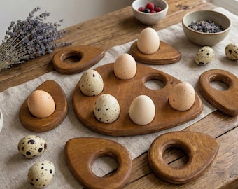 Handmade 7 Piece Wooden Egg Holder Set, Rustic Breakfast Serving Tray, Farmhouse Decor