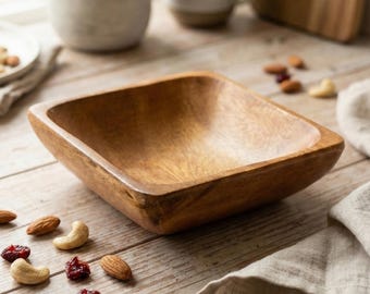 Handmade Acacia Wood Small Snack Bowl, 5 inch Square Deep Serving Dish, Rustic Nut Bowl