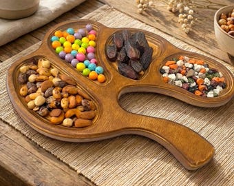Large Handmade Wooden Leaf Serving Tray, 4 Section Beech Plywood Nut Platter, Rustic Decor