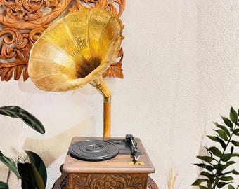 Handmade Wooden Gramophone with Floral Carvings, Retro Home Decor